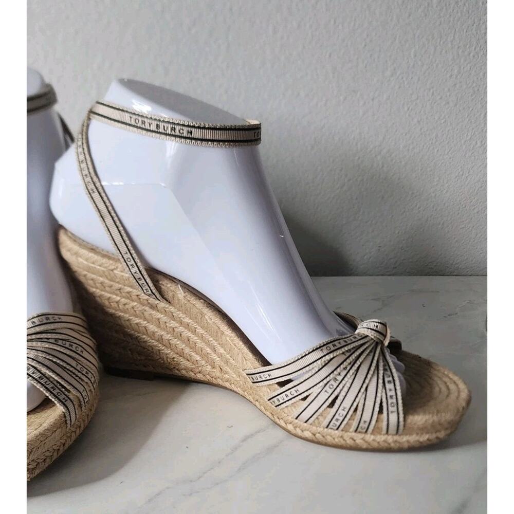 Tory Burch Beige Logo Strappy Ribbon Wedge Espadrille Sandals Heels Sz 7.5/8 - Picture 8 of 10